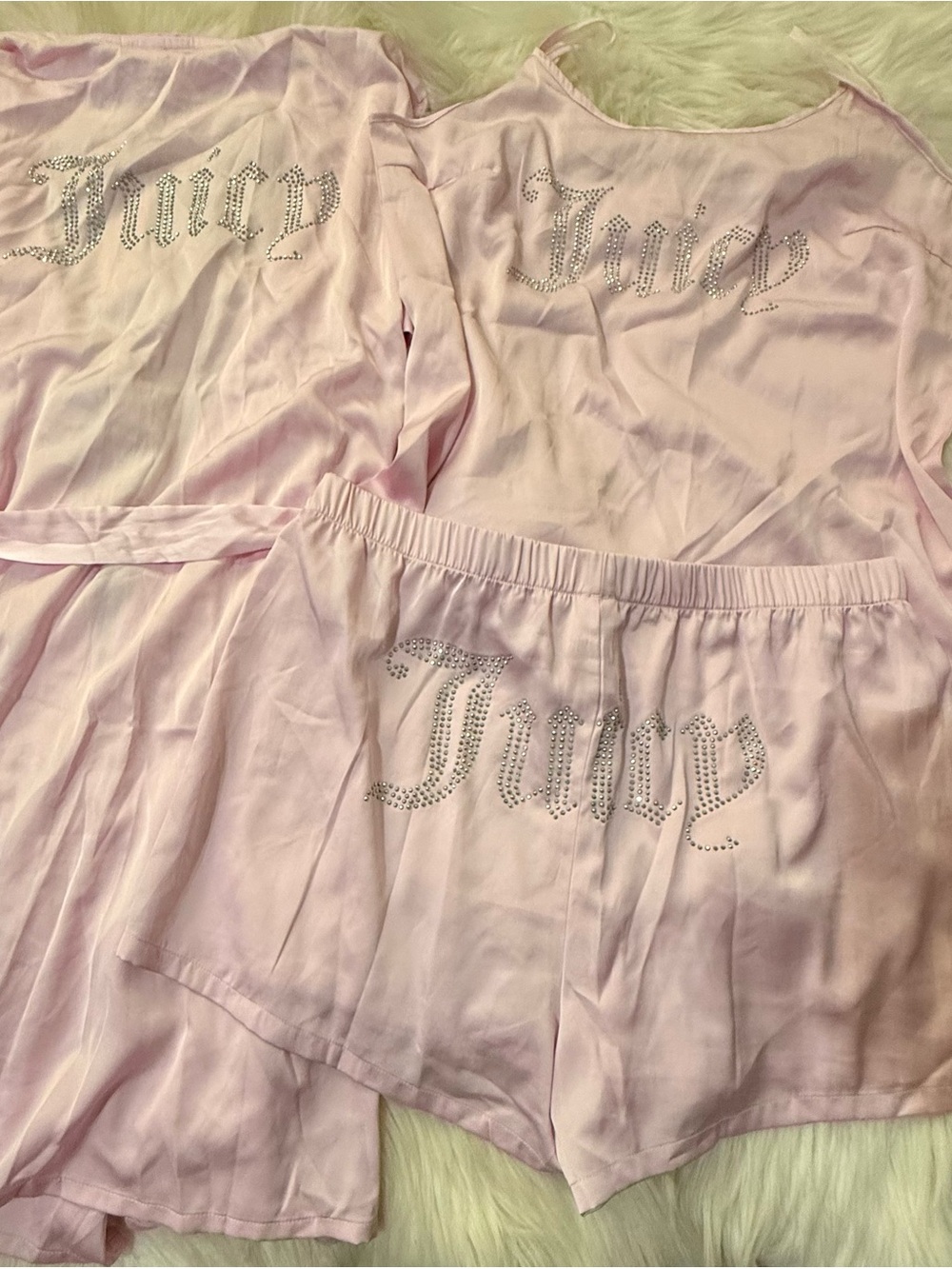 Juicy Couture Light Pink Satin Rhinestone Logo Pajama Set
